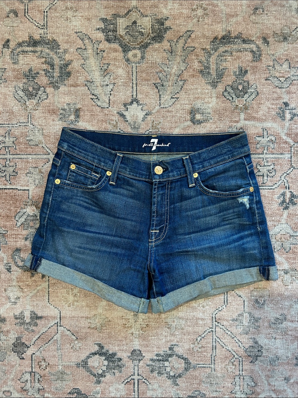 7 For All Mankind Dark Blue Denim Roll-Cuff Shorts